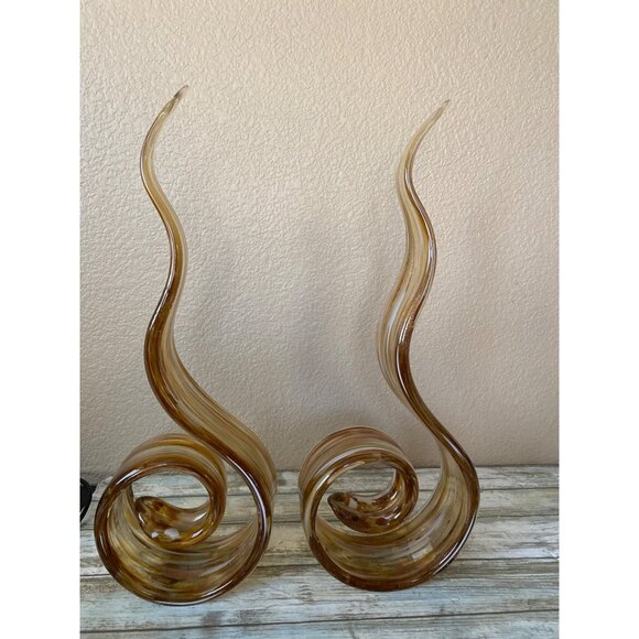 HQT Handcrafted Amber Swirl Art Glass Sculptures 12" – Set of 2 Murano Style Fla - Picture 12 of 13